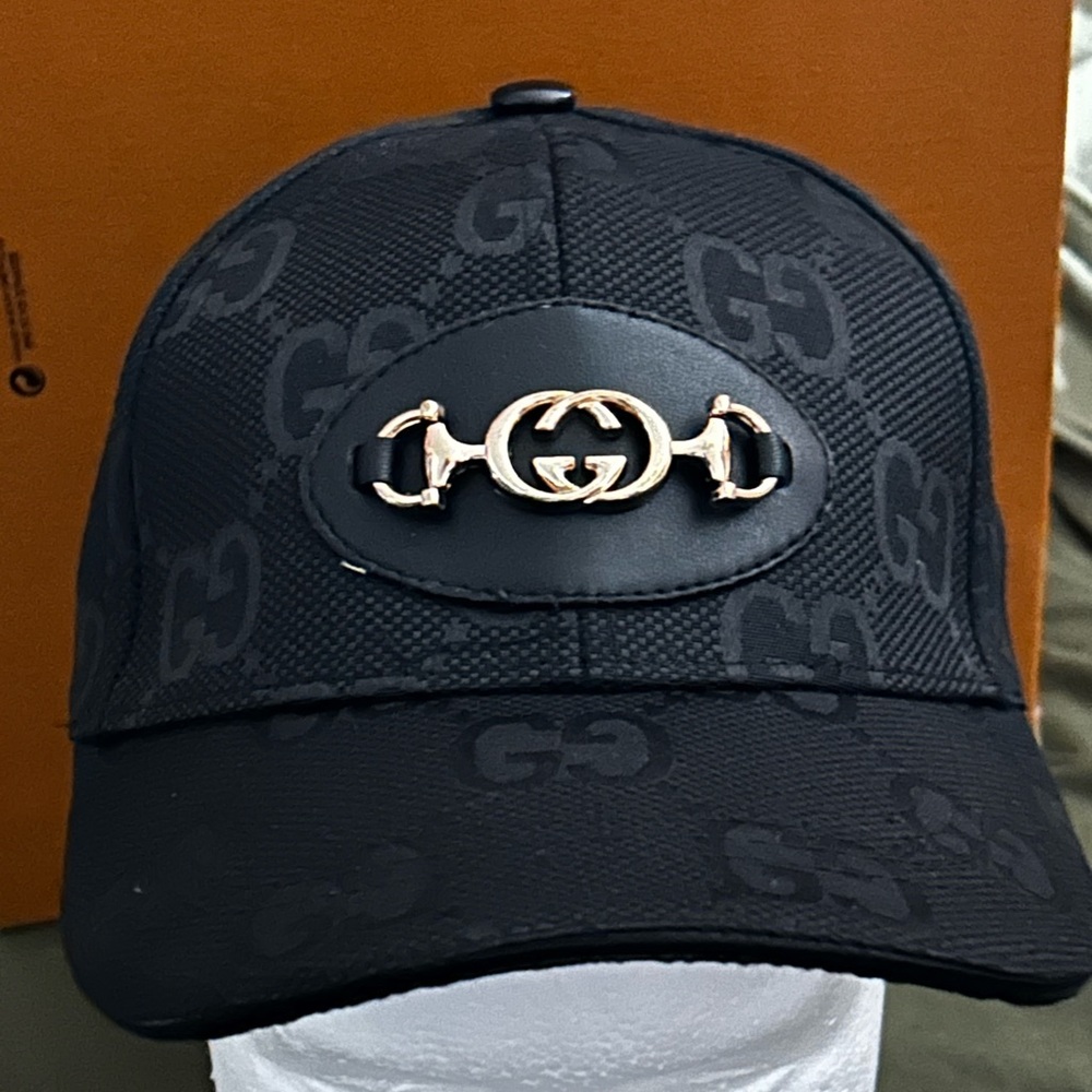 Gucci Black Monogram Hat with Gold Logo